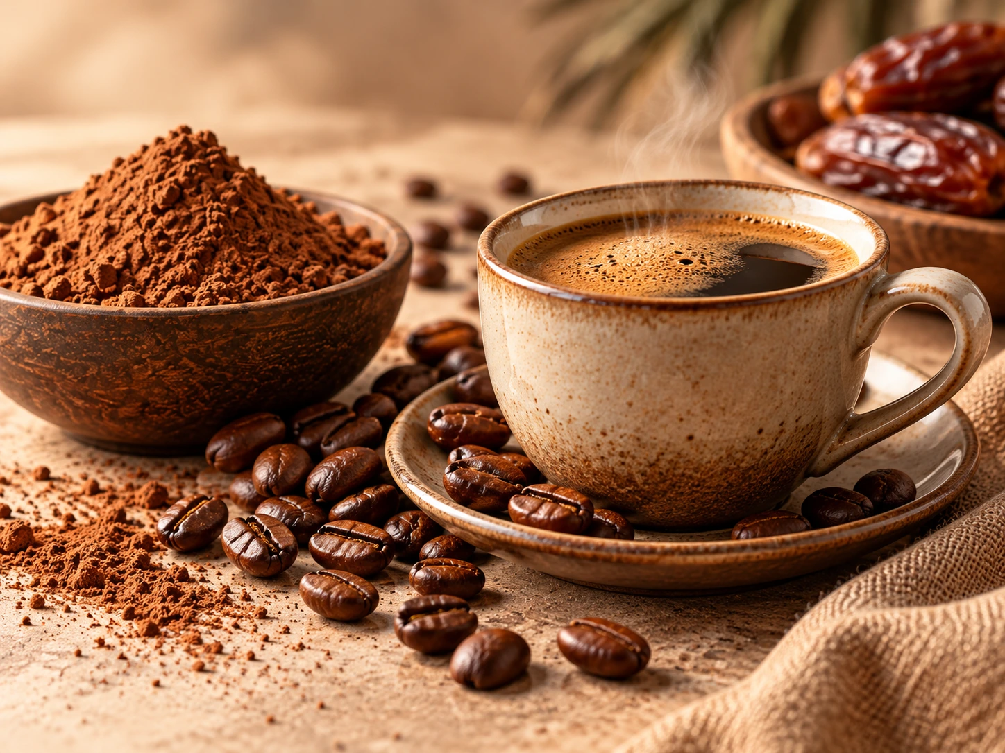 Coffee-style beverage beside dates and a bowl of powder