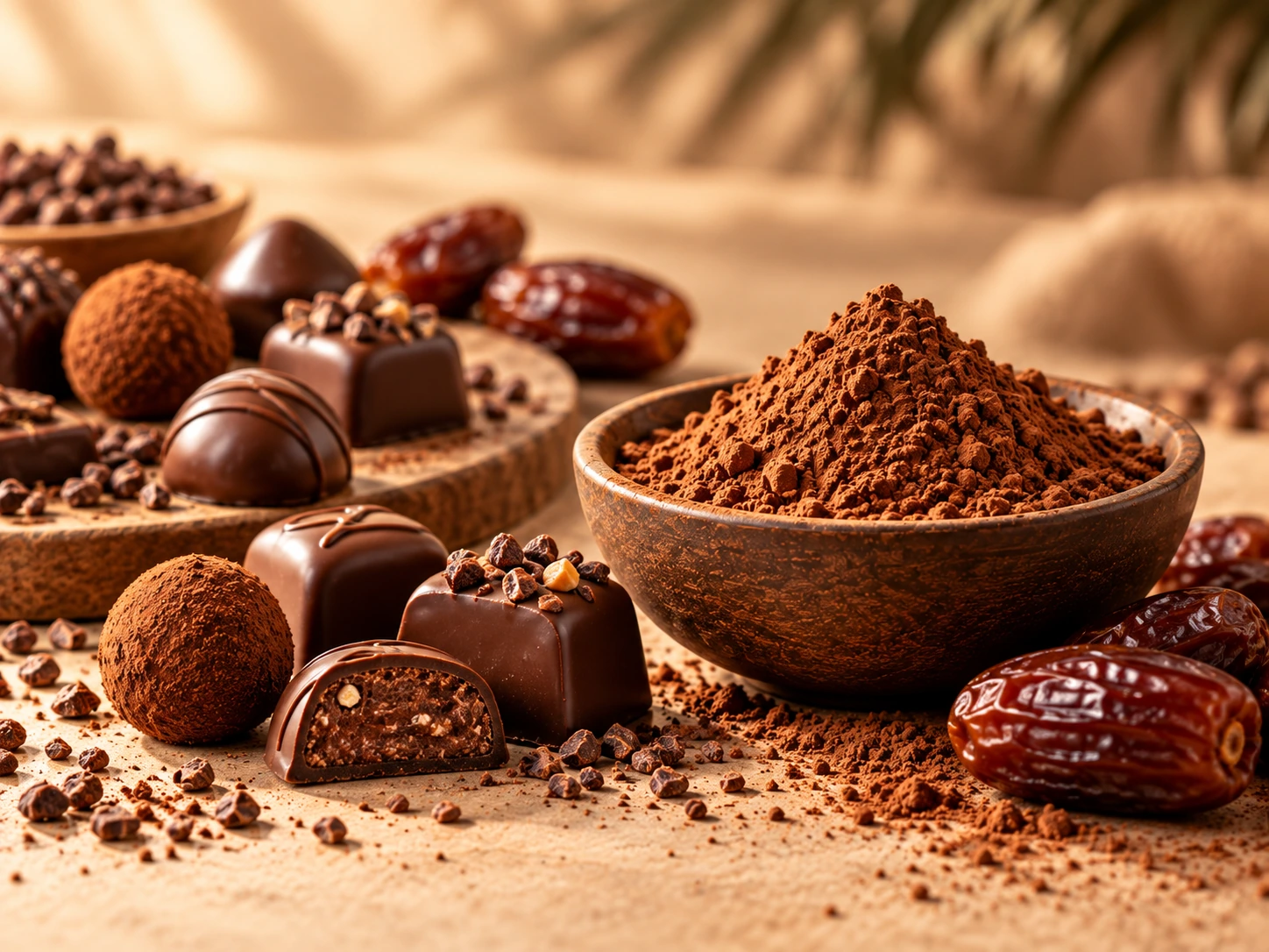 Chocolate confectionery beside dates and powder