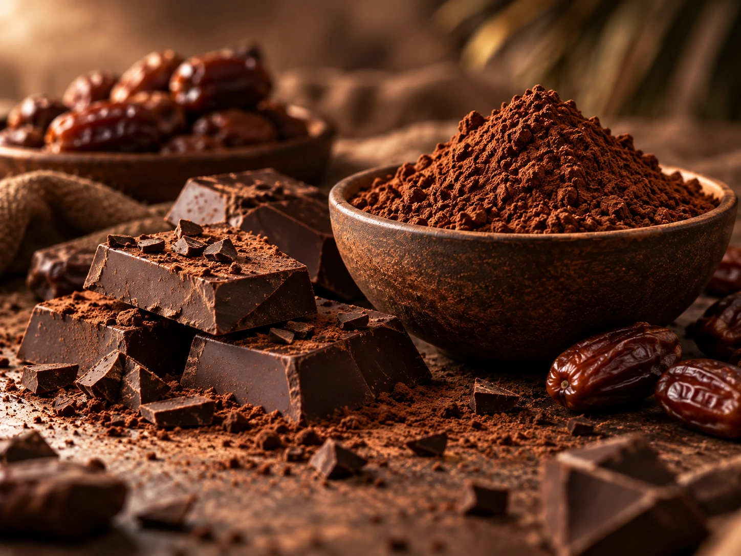 Dark chocolate pieces beside a bowl of powder