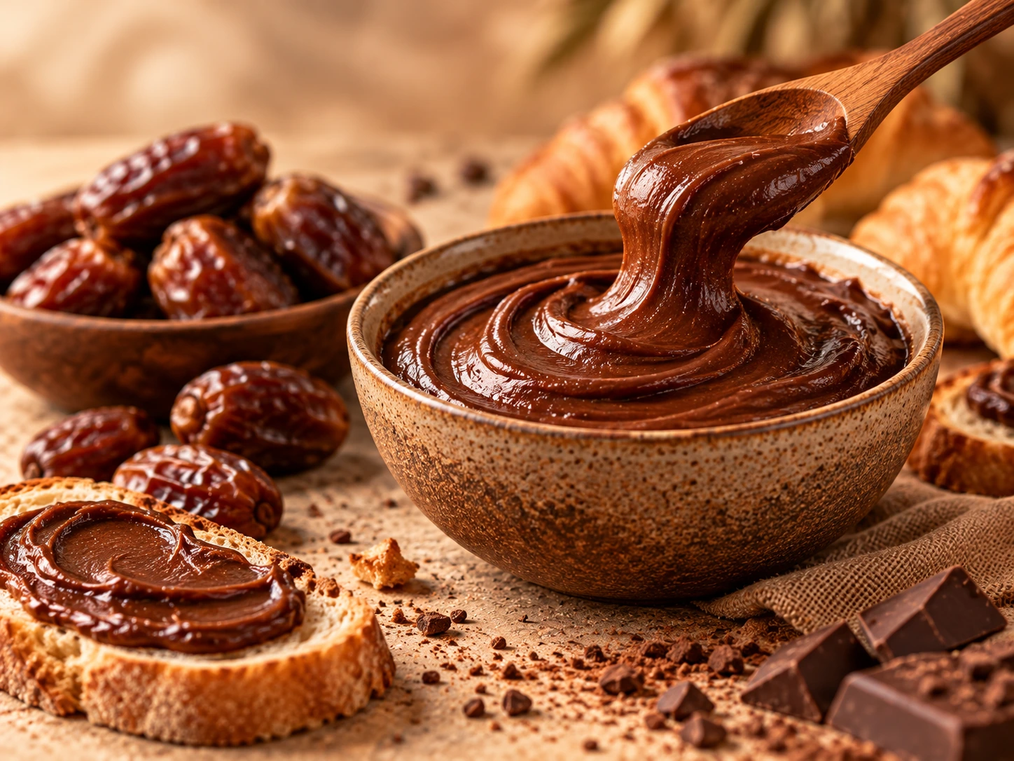 Chocolate-style spread and filled pastry beside dates