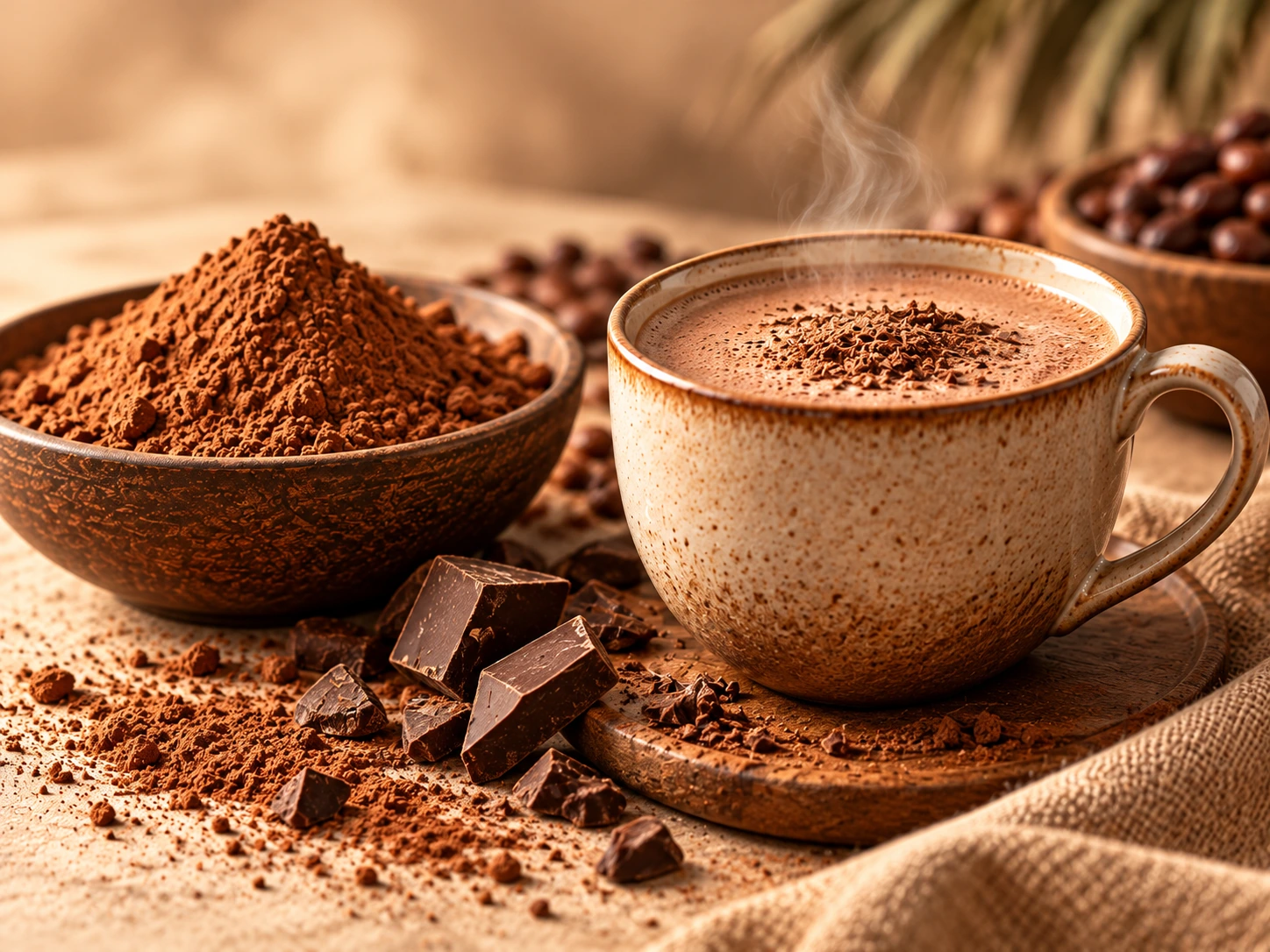 Warm beverage beside whole dates and a bowl of powder